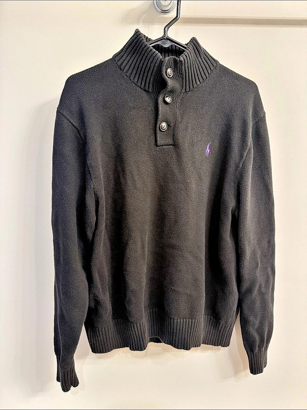 Polo Ralph Lauren Button Mock Neck Cotton Sweater Black Large